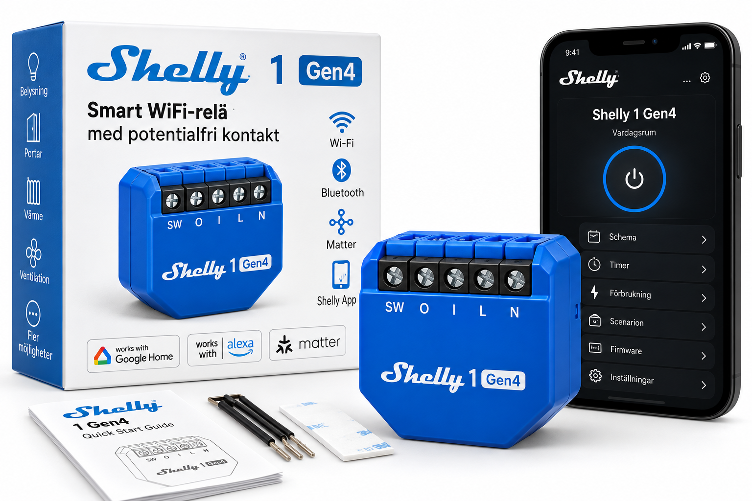 Shelly 1 Gen4 – smart WiFi-relä med potentialfri kontakt
